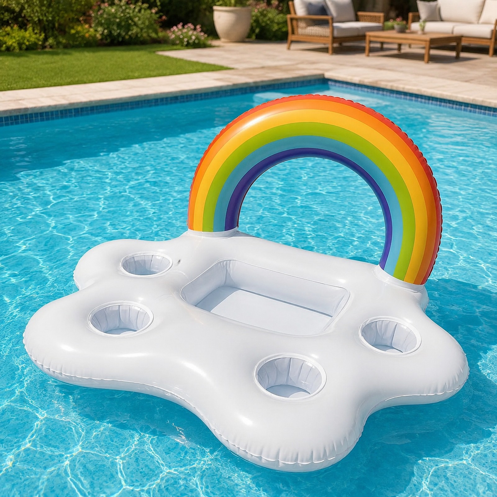 Rainbow Inflatable Pool Drink Float with Cup Holders – Summer Pool Party Floating Tray - Image 6