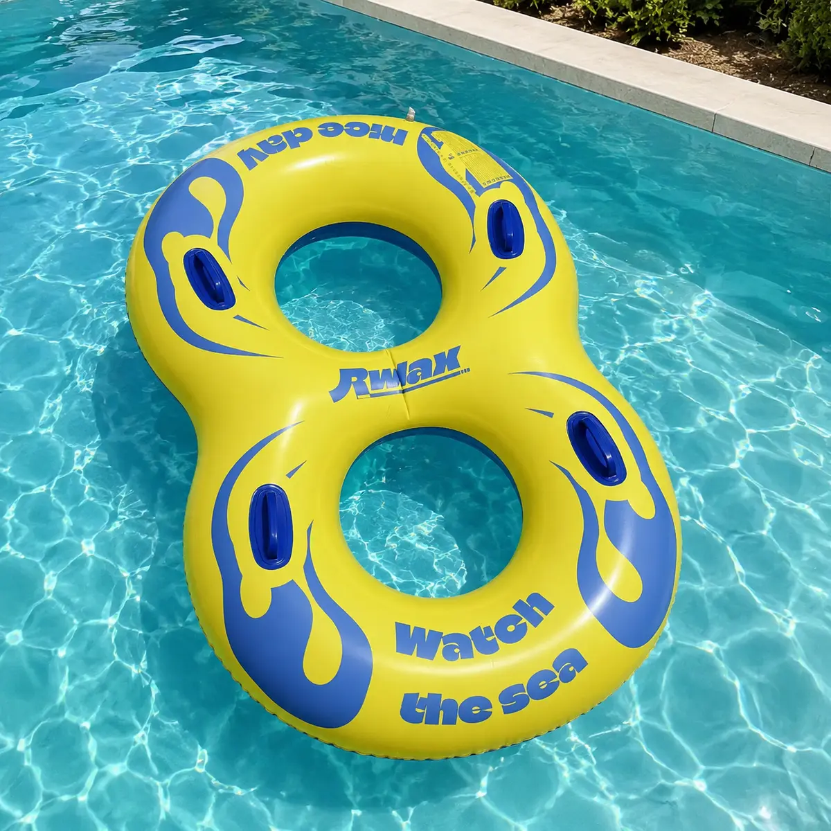 Yellow 2-person figure-8 pool float in a swimming pool