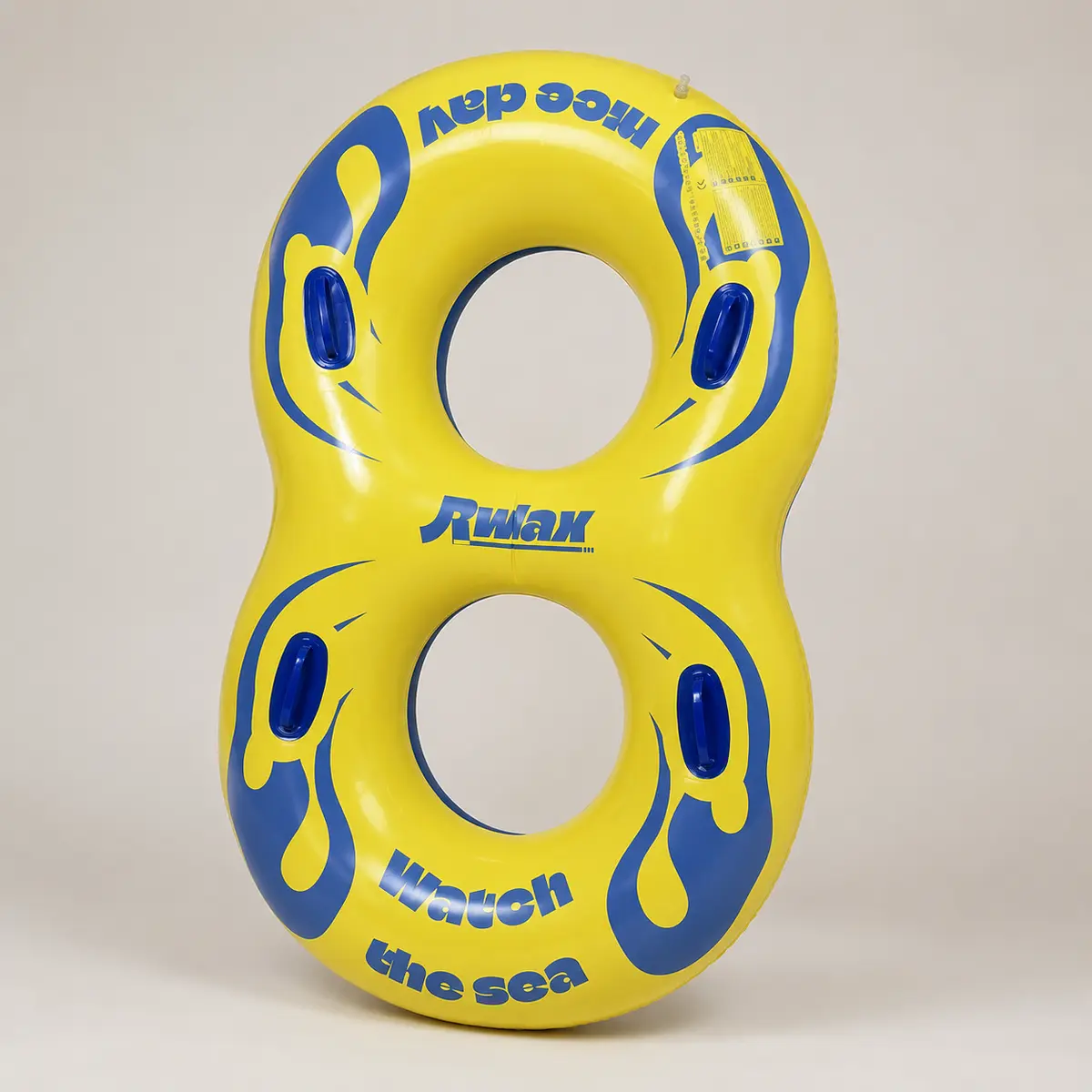 Angled view of yellow figure-8 pool float with four handles