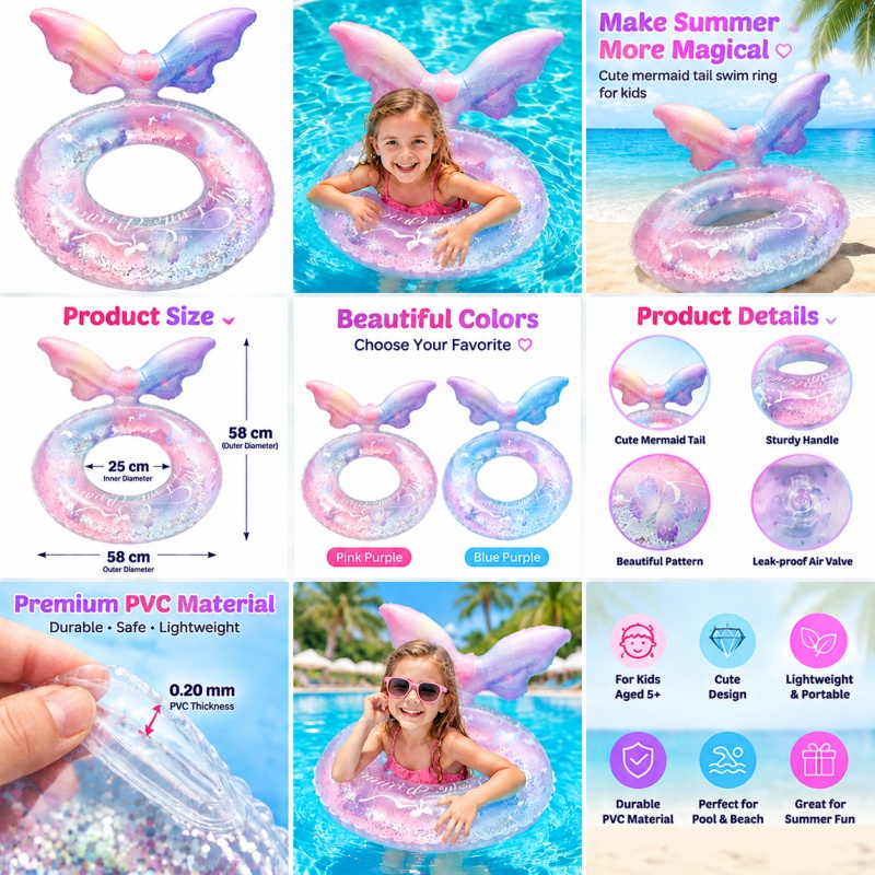 Kids Mermaid Tail Inflatable Swim Ring Pool Float with Bunny Ear Design - Image 5