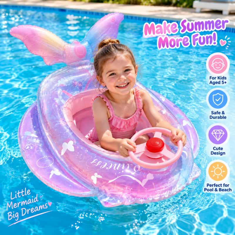 Kids Mermaid Inflatable Pool Float with Steering Wheel, Cute Water Toy for Summer Swimming - Image 5
