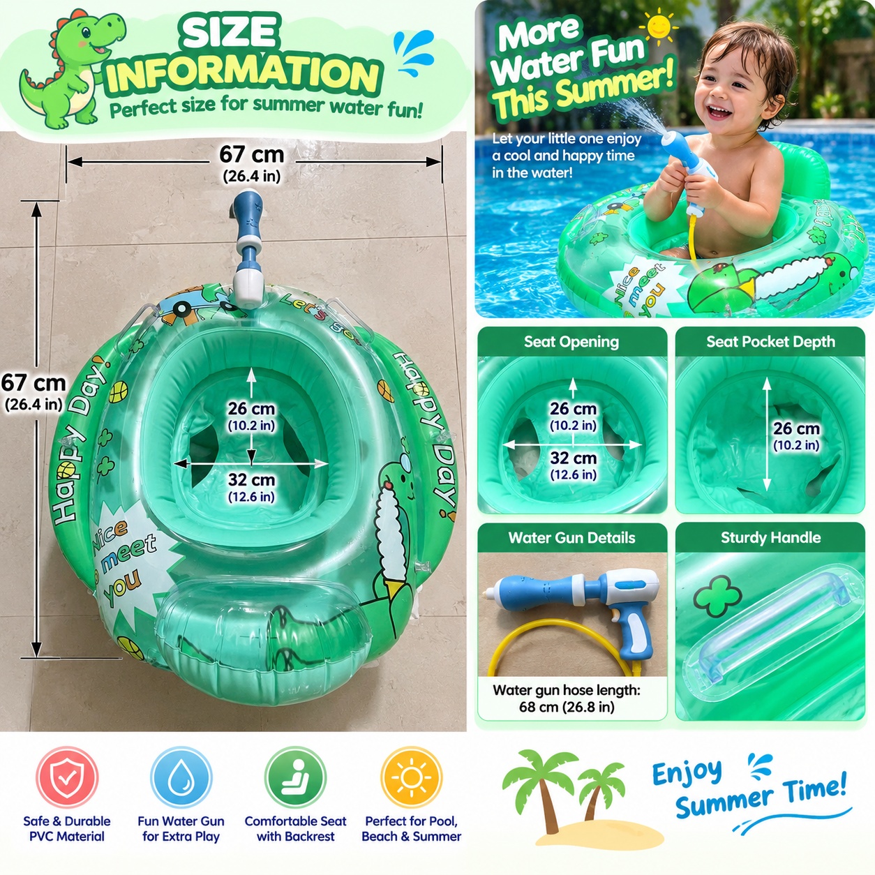 Inflatable Pool Float with Water Gun & Seat – Green Cartoon Design - Image 2