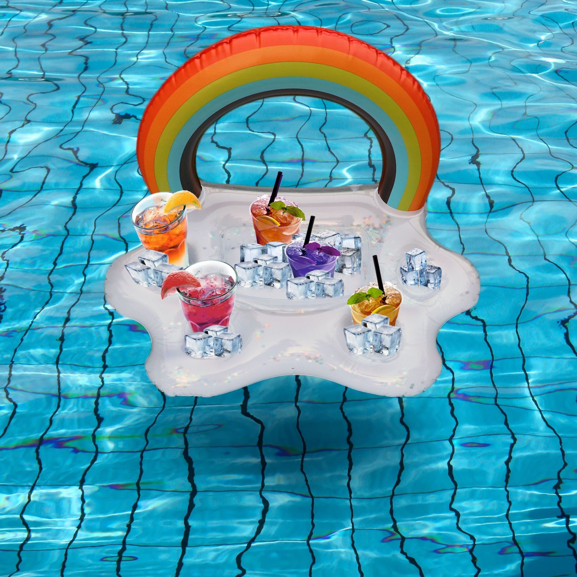 Rainbow Inflatable Pool Drink Float with Cup Holders – Summer Pool Party Floating Tray - Image 2