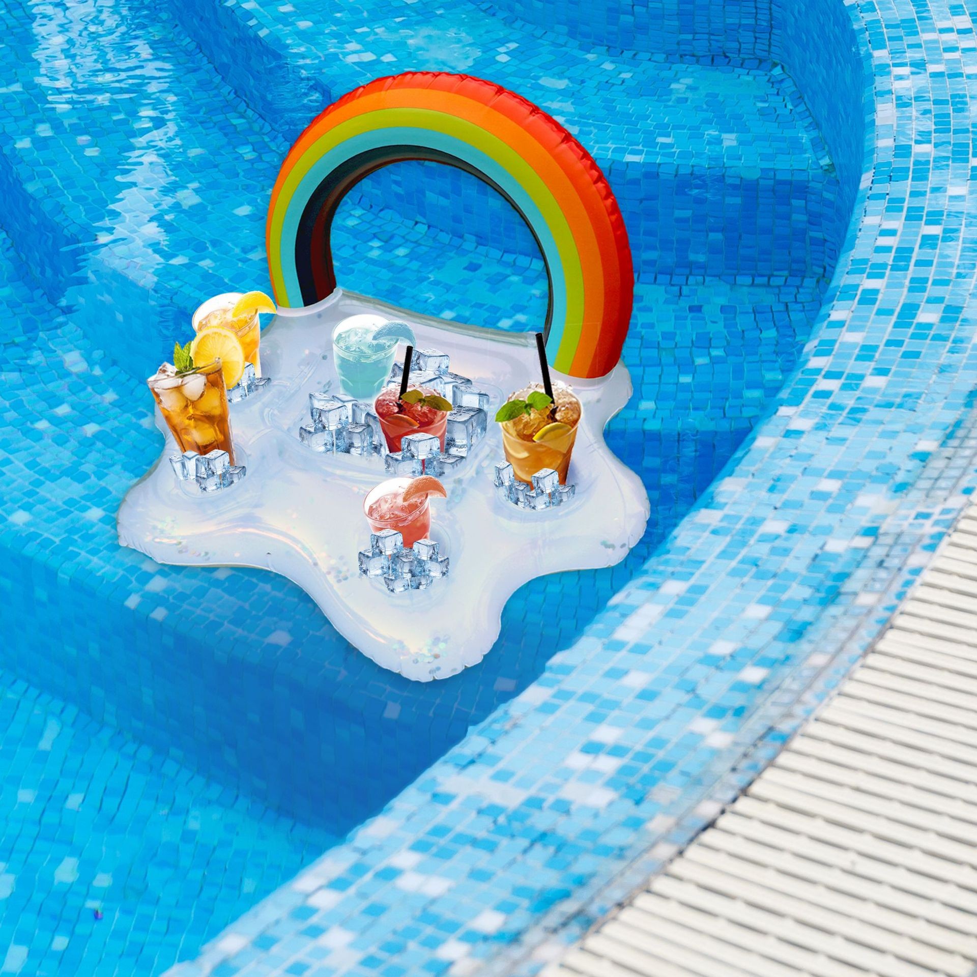 Rainbow Inflatable Pool Drink Float with Cup Holders – Summer Pool Party Floating Tray - Image 3