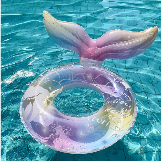 Kids Mermaid Tail Inflatable Swim Ring Pool Float with Bunny Ear Design - Image 3