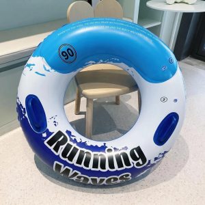 Blue inflatable pool ring with dual handles