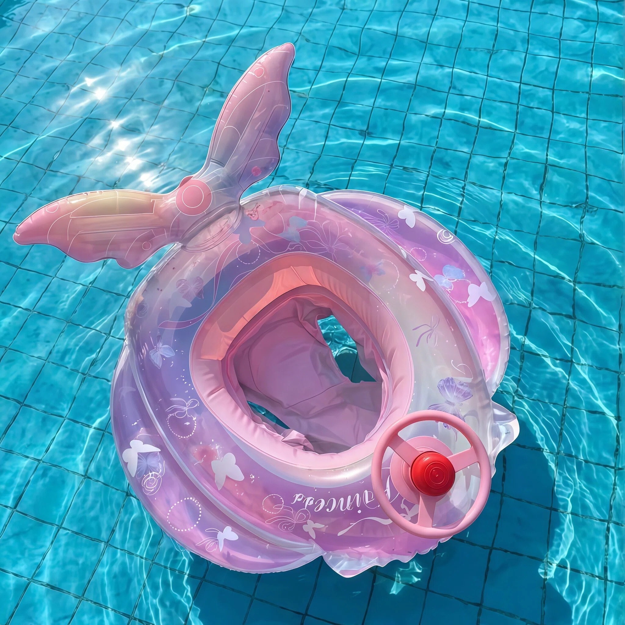 Kids Mermaid Inflatable Pool Float with Steering Wheel, Cute Water Toy for Summer Swimming