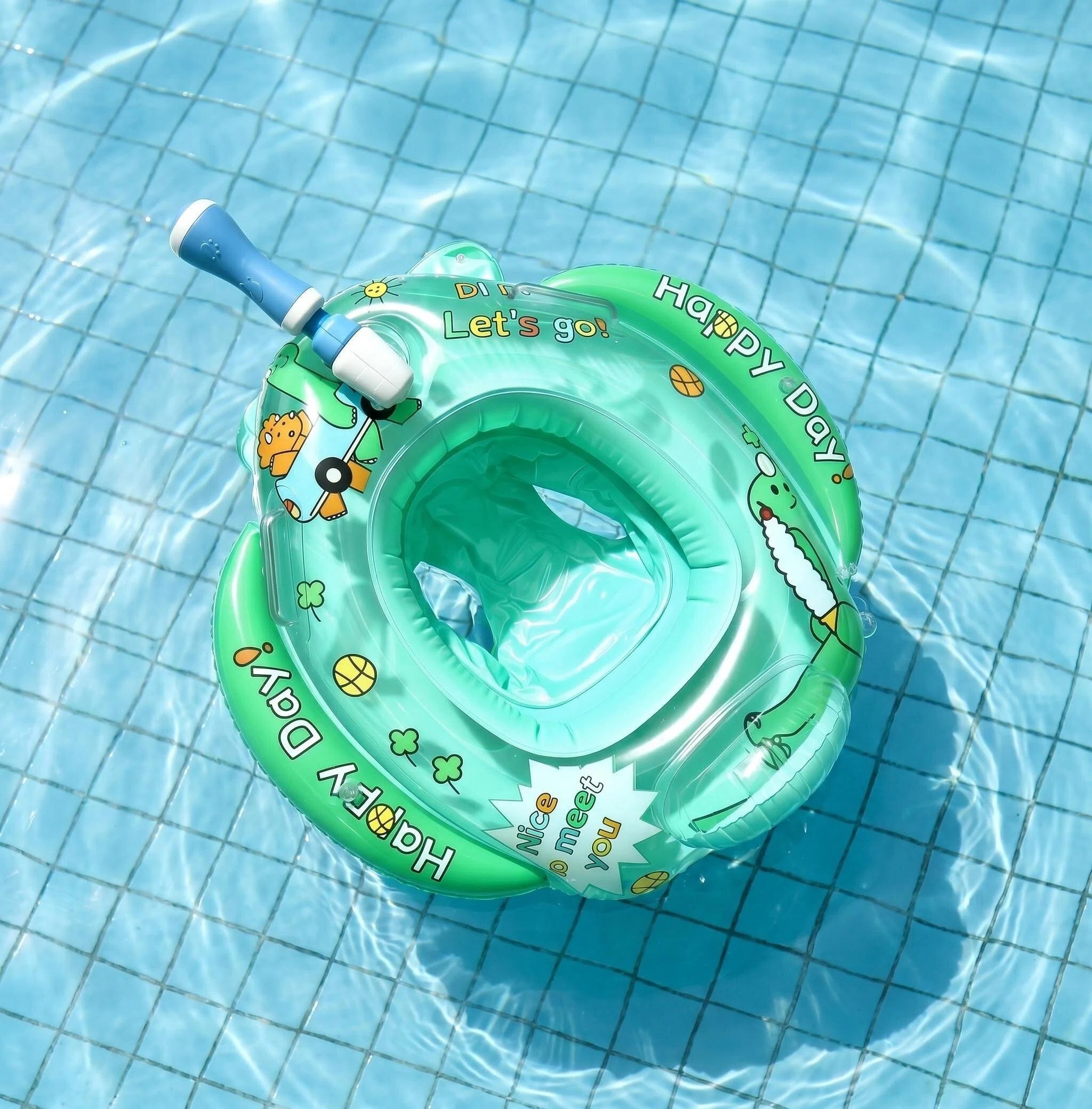 Inflatable Pool Float with Water Gun & Seat – Green Cartoon Design