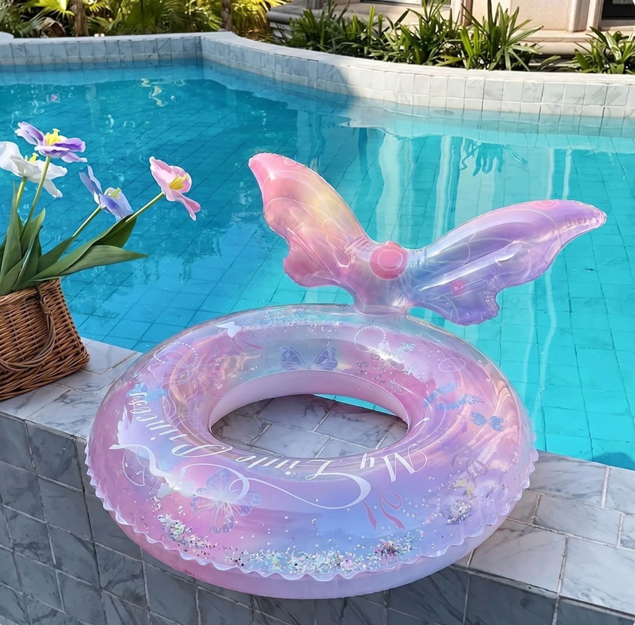 Kids Mermaid Tail Inflatable Swim Ring Pool Float with Bunny Ear Design - Image 4