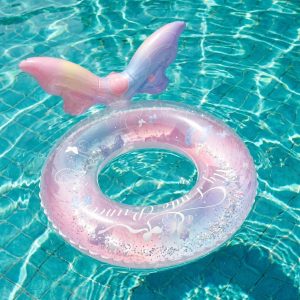 Kids Mermaid Tail Inflatable Swim Ring Pool Float with Bunny Ear Design